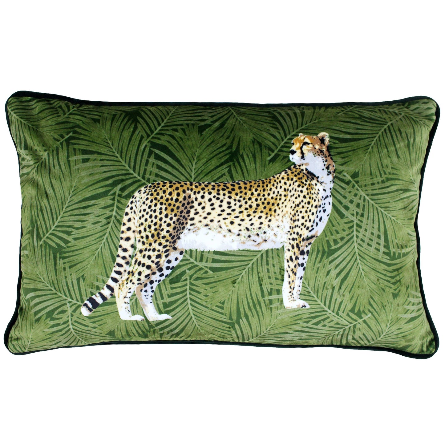 Housse de coussin velours motif guépard sur fond botanique vert 30 x 50 cm