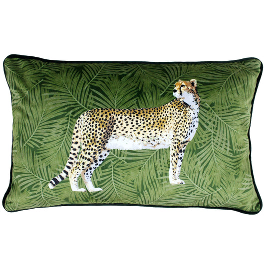 Housse de coussin velours motif guépard sur fond botanique vert 30 x 50 cm